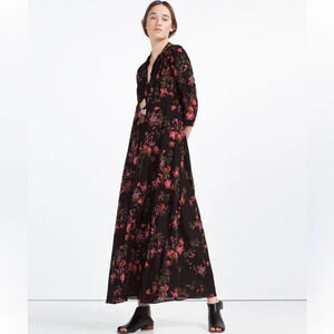 Zara Floral Black Maxi Dress Button Front 3/4 Sleeve XS